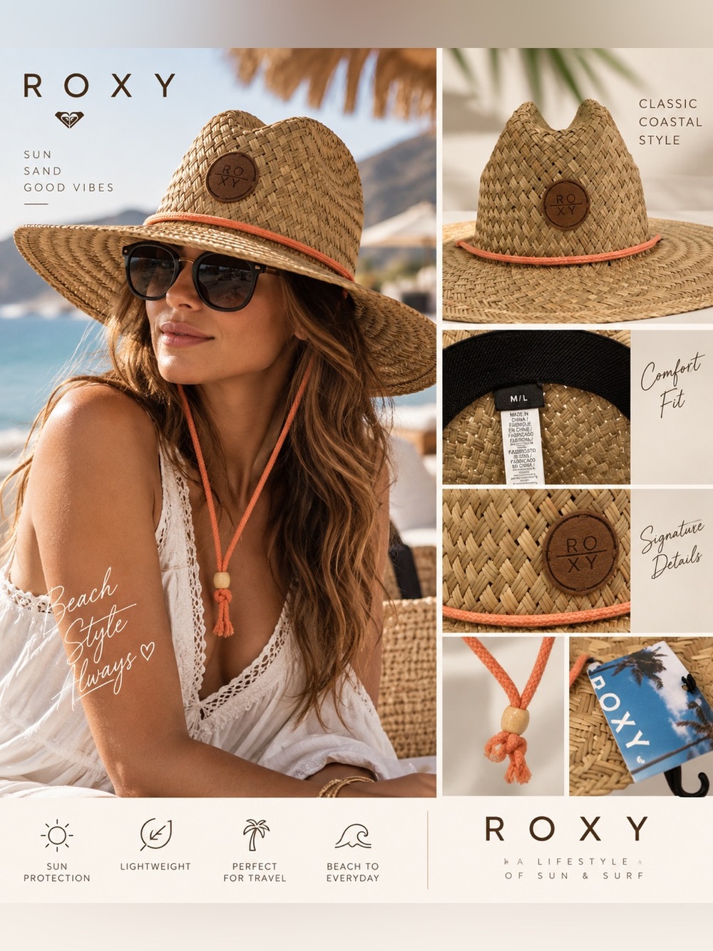 Roxy Natural Straw Sun Hat with Orange Trim